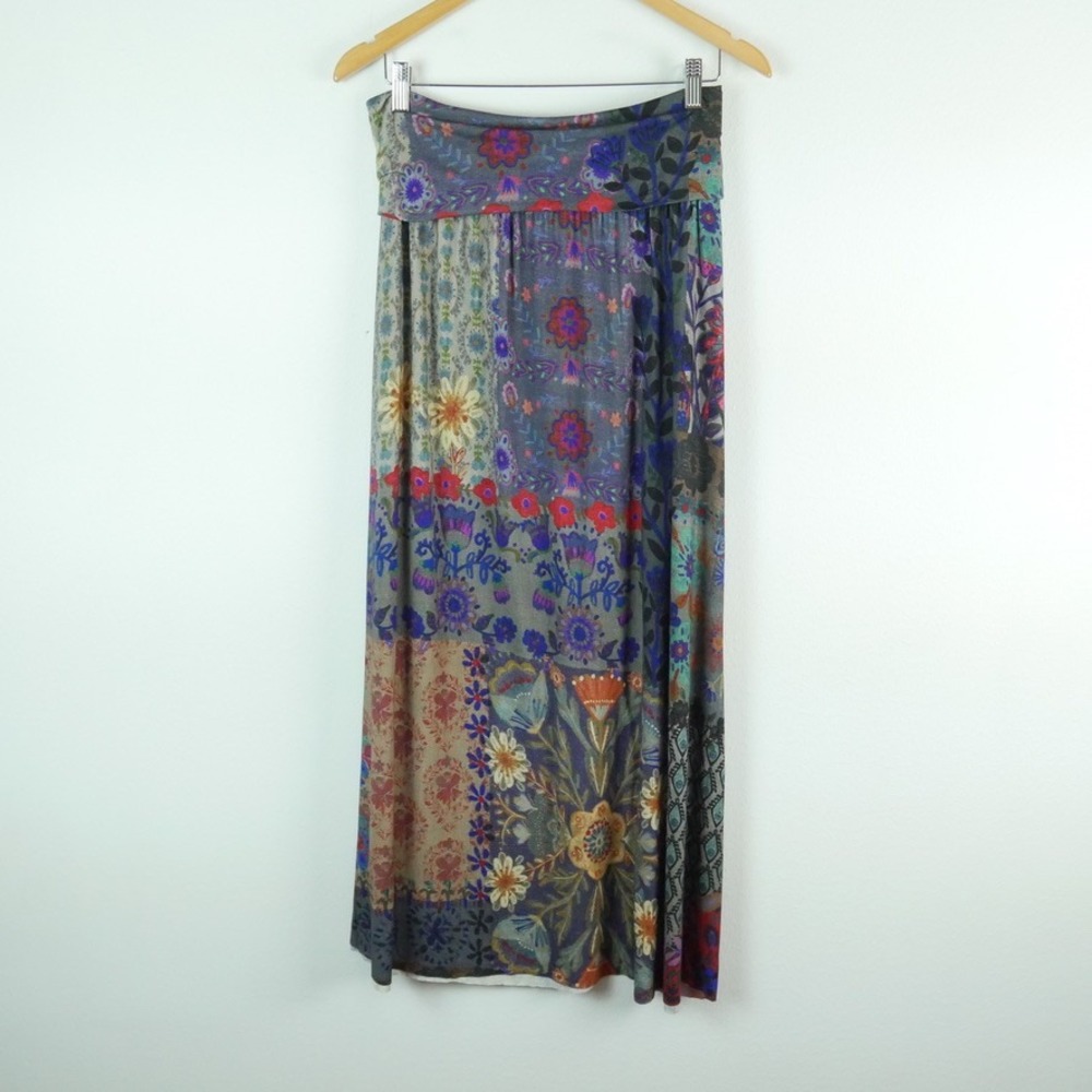 Natural Life Boho Patchwork Floral Maxi Skirt Knit Large NWT Foldover Waist